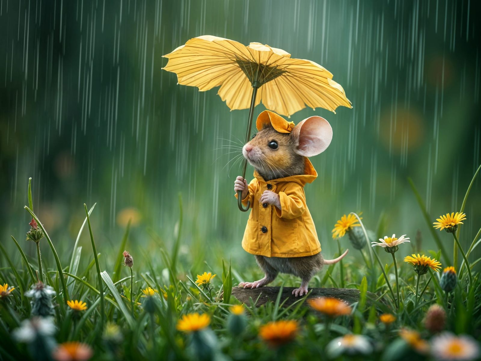 Mouse Under a Blooming Flower Umbrella on a Rainy Day