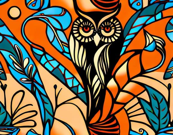 Botanical Owl in Retro Art Nouveau Style