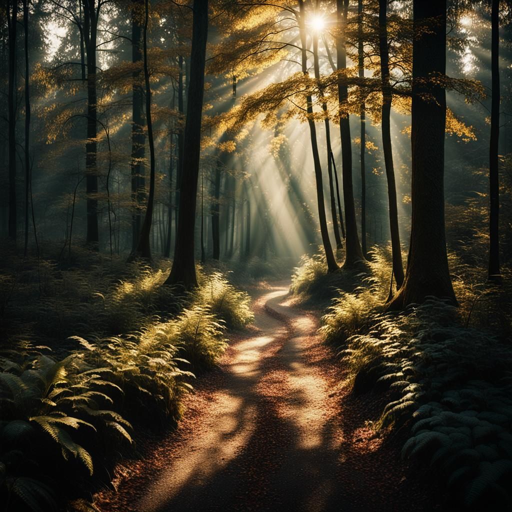Sunlit Forest Path in Cinematic Style