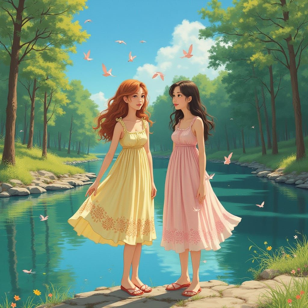 Girls by River: Art Nouveau Digital Watercolor