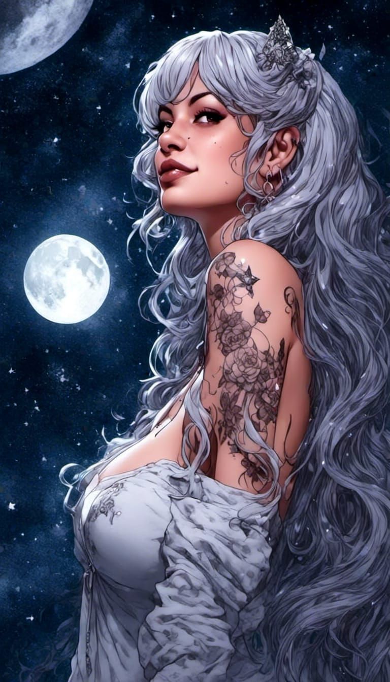 Anime Portrait of Woman Gazing at Stars by Moonlight