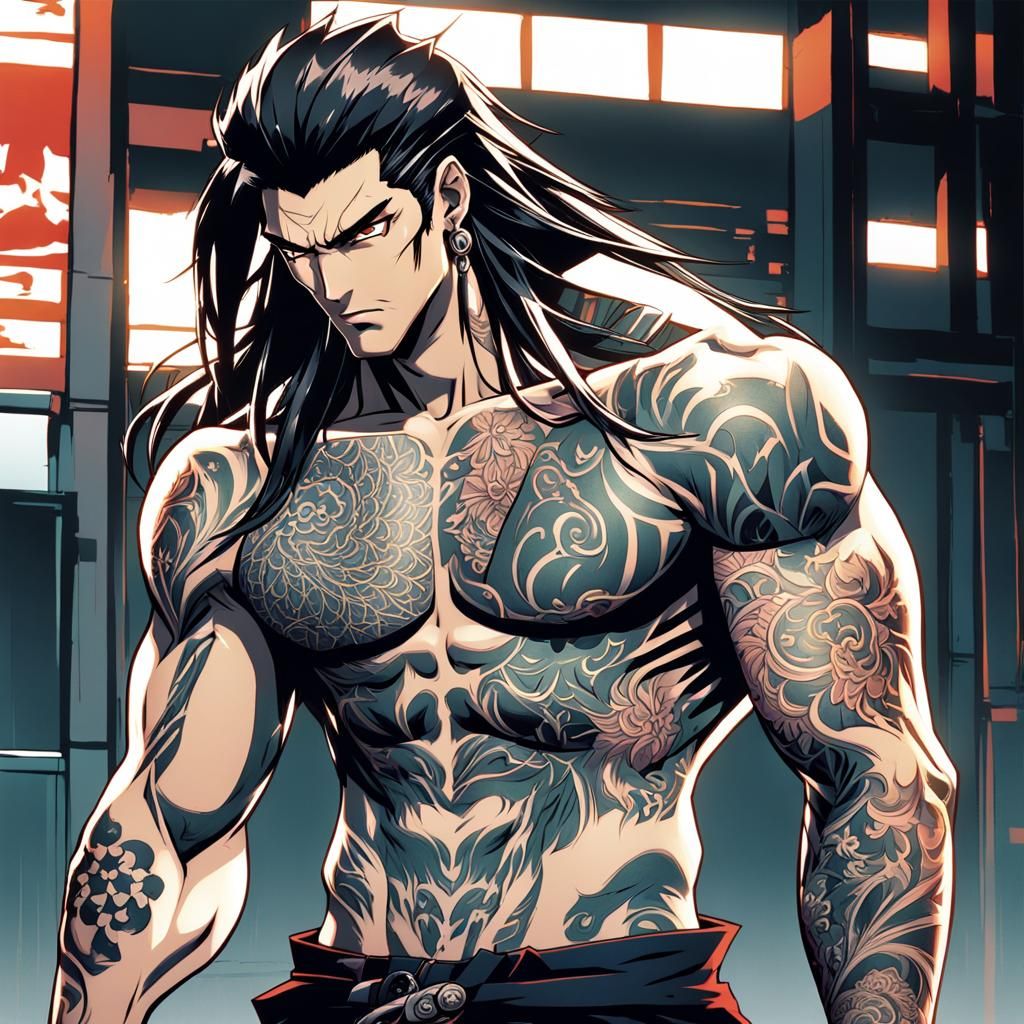 Confident Yakuza Man in Vibrant Anime Style