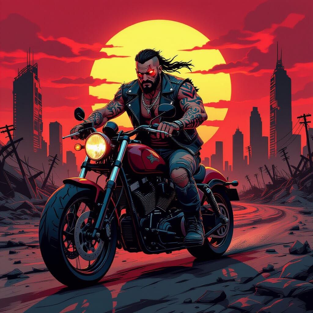 Post-Apocalyptic Biker in Gritty Comic Style
