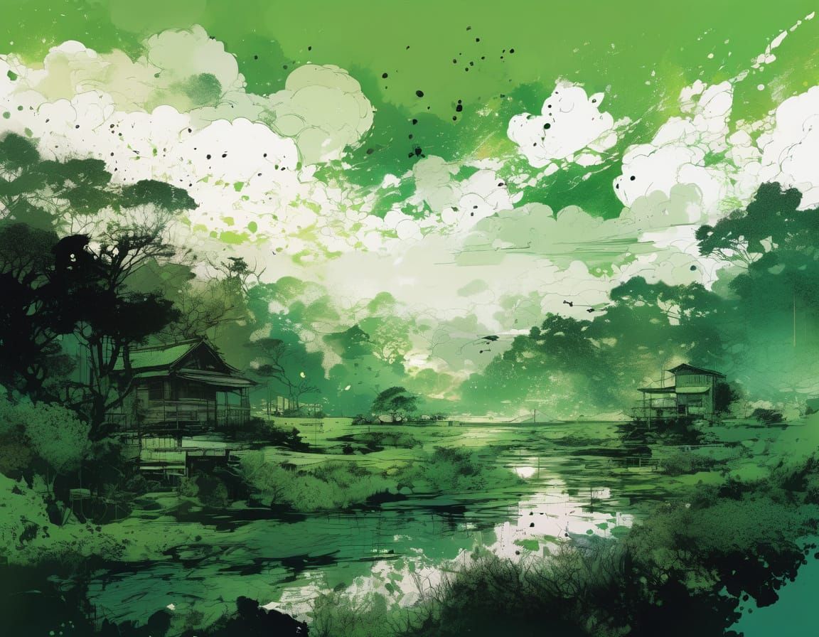 Vibrant Morning Sky in an Ink-Drenched World