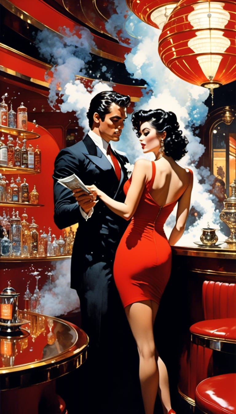 Woman Reaching for Man in 1980s Noir Bar