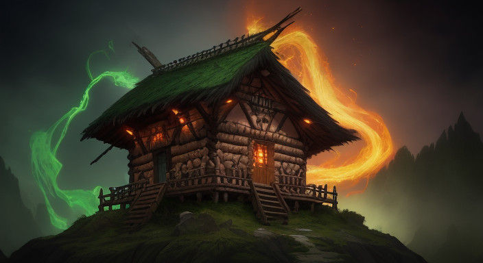 Surreal Aztec Jungle Lodge with Glowing Green Eyes and Jagge...