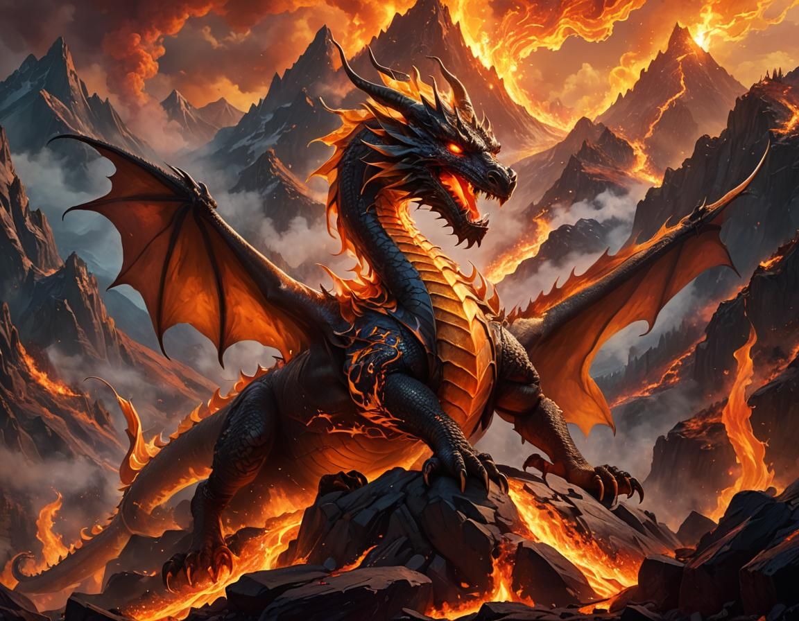 Living Flame Dragon Perched on Ember Mountain