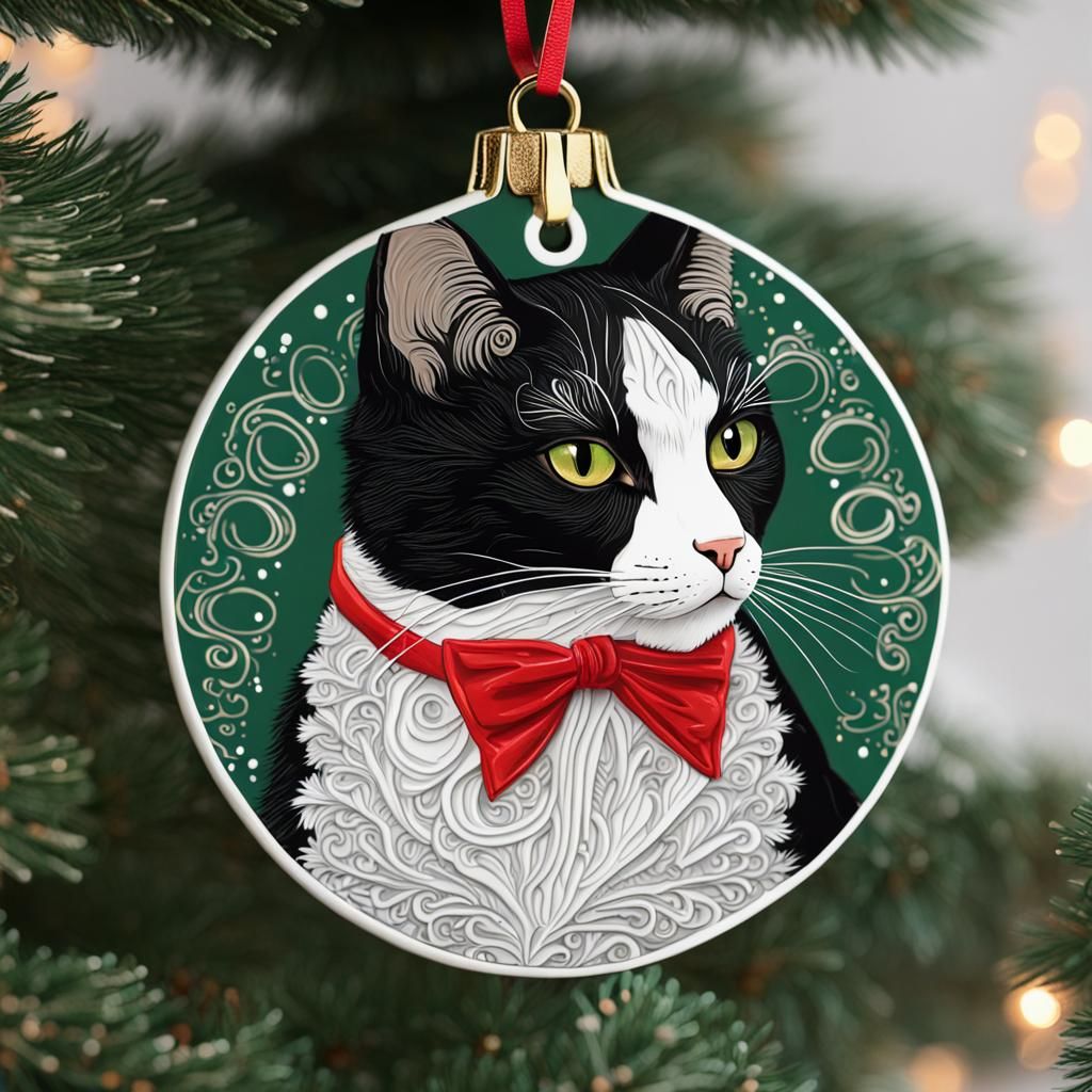 Intricate Tuxedo Cat Christmas Ornament