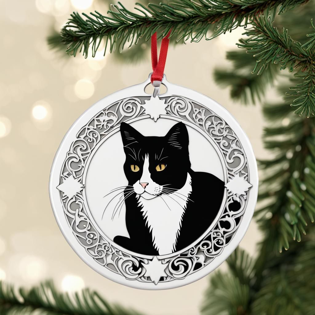 Intricate Tuxedo Cat Christmas Tree Ornament