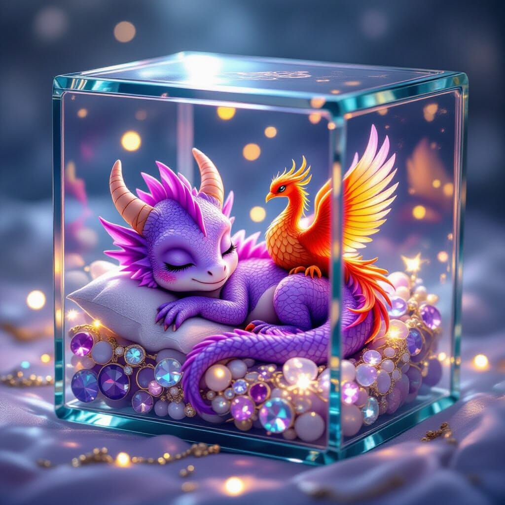 Baby Dragon and Phoenix Sleep in Glowing Jewelry Box