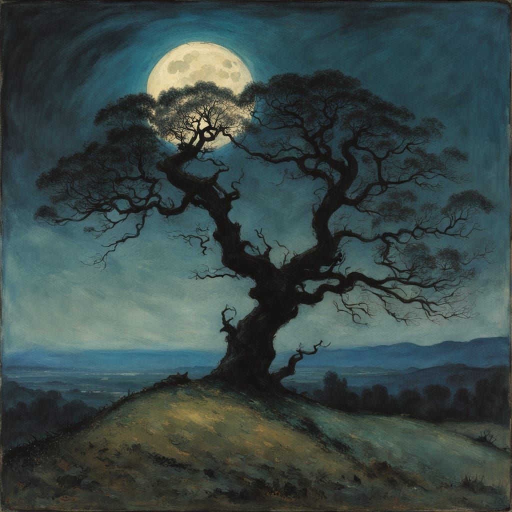 Moonlit Tree on a Hill in Dramatic Landscape Style