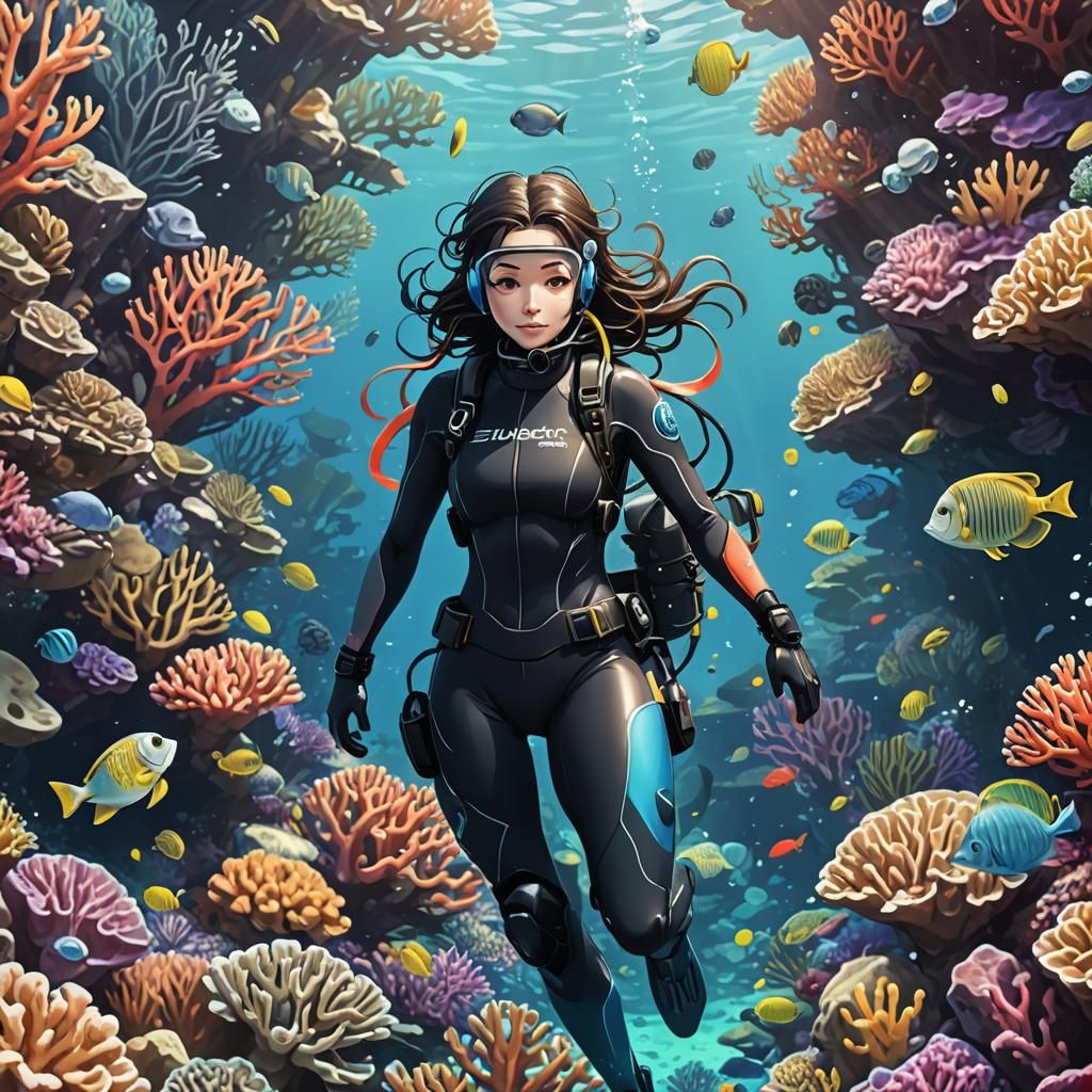 Anime Style Scuba Diver in Coral Reef