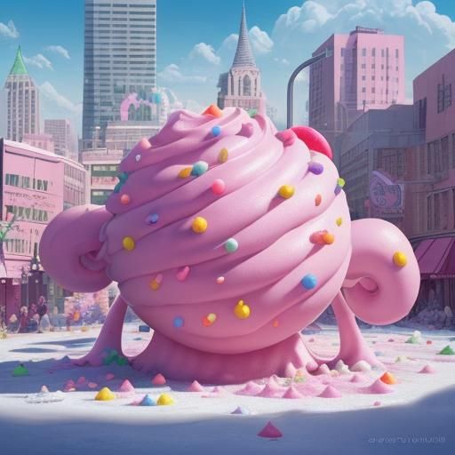 Frosting Creature Stomps City Center in Candy Art Style