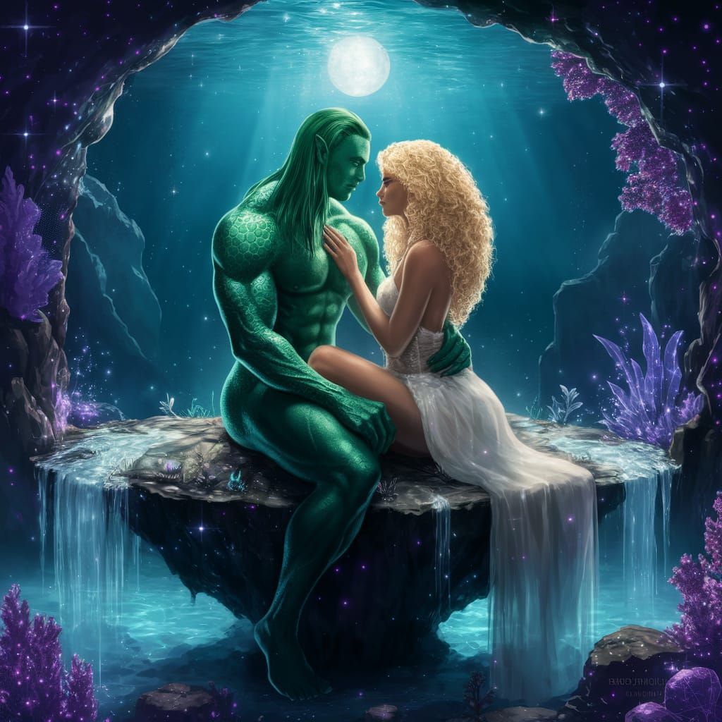 Muscular Green-Scaled Man Sits Beside Blonde Woman in Underw...