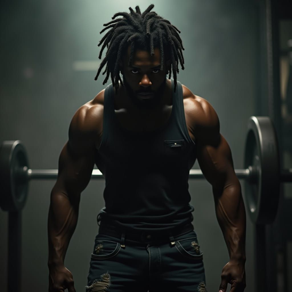 Intense Black Bodybuilder in Gritty Urban Gym