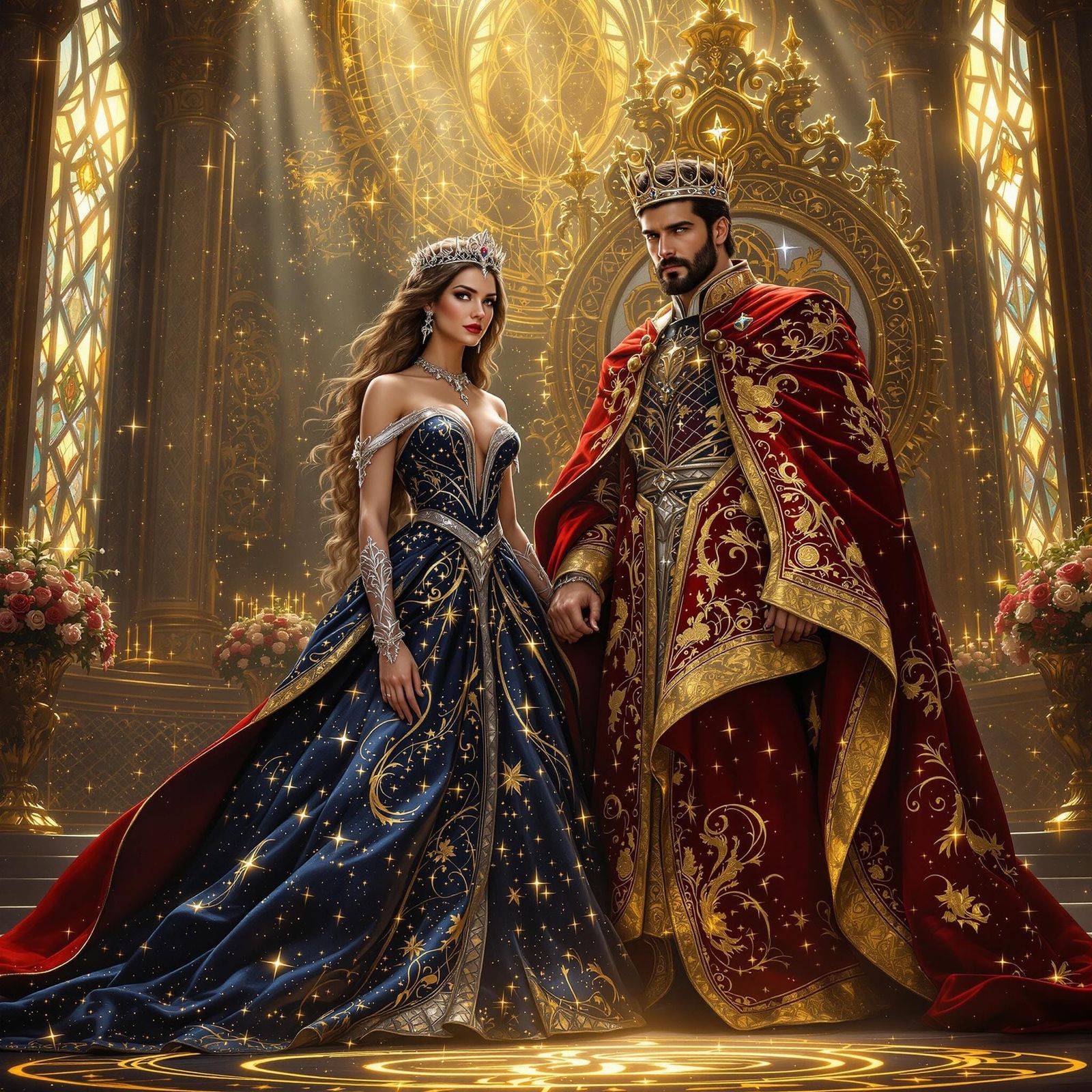 Regal Monarchs in Opulent Throne Room