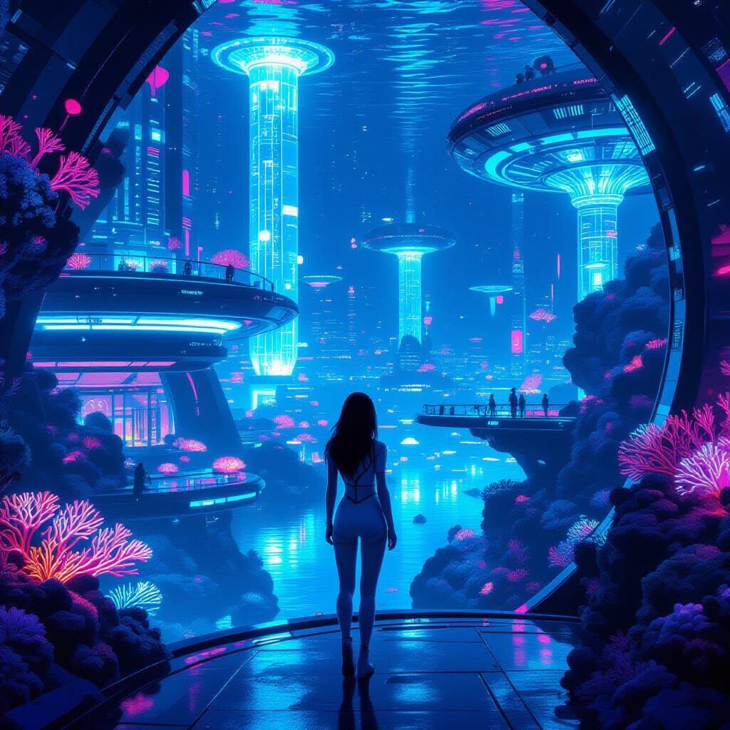 Futuristic Underwater City at Night in Neon Style