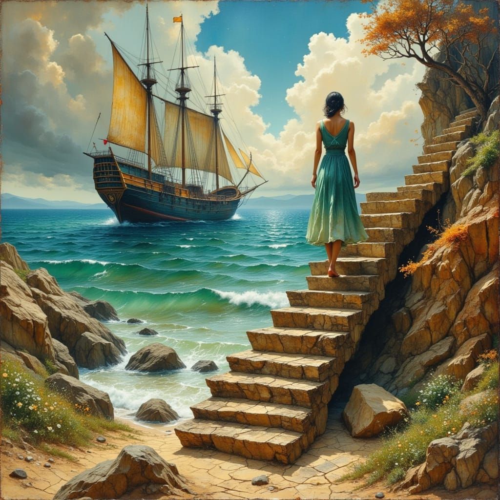 Surreal Stairway to Tranquil Sea: Dreamlike Vision