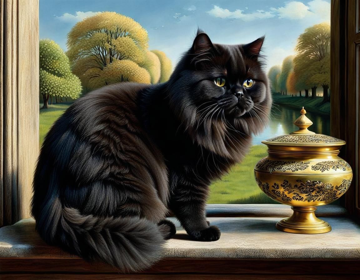 Black Persian Cat in Cottagecore Romanticism