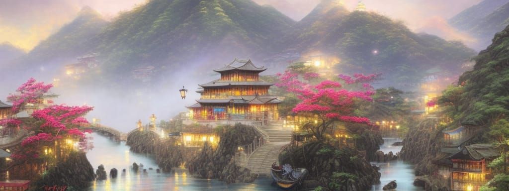 Jiufen Taiwan: Dreamlike Oil Painting Landscape