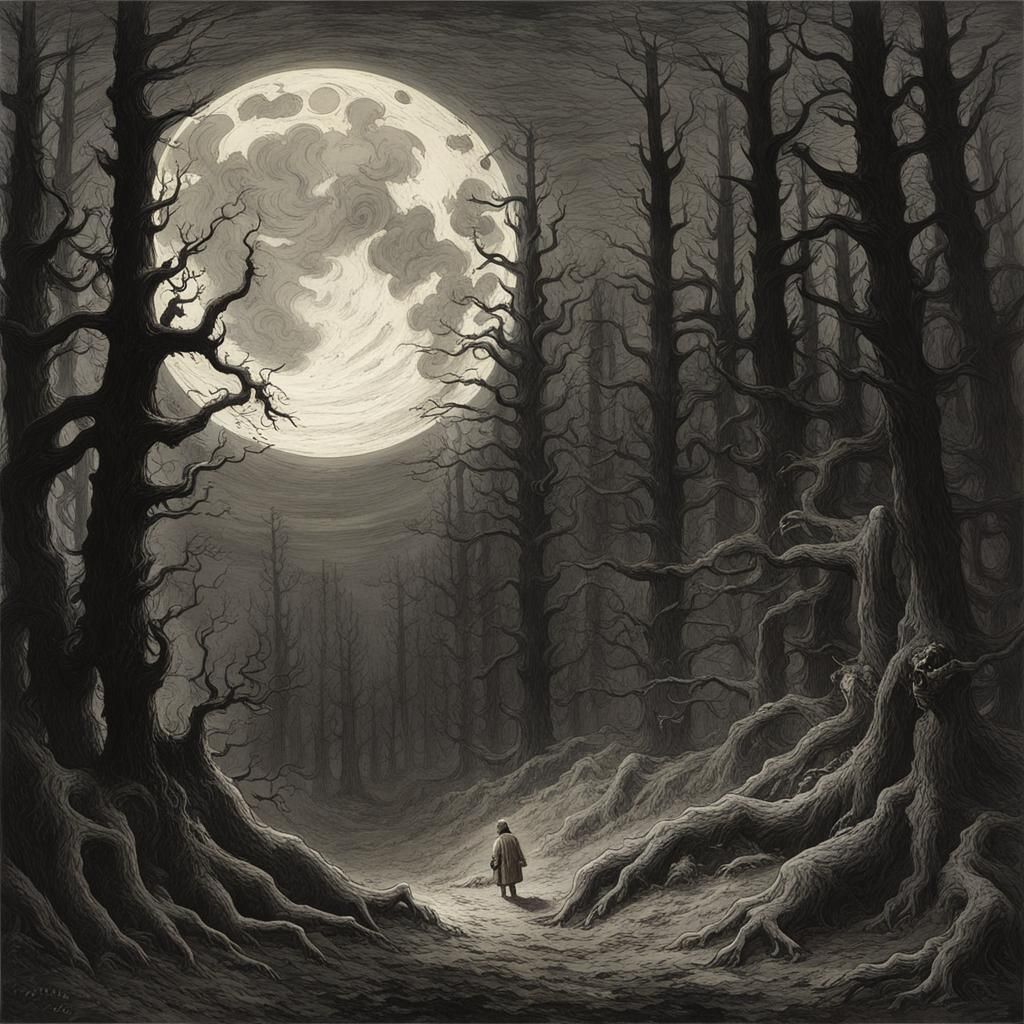 Pale Monster in Dark Forest Under Full Moon