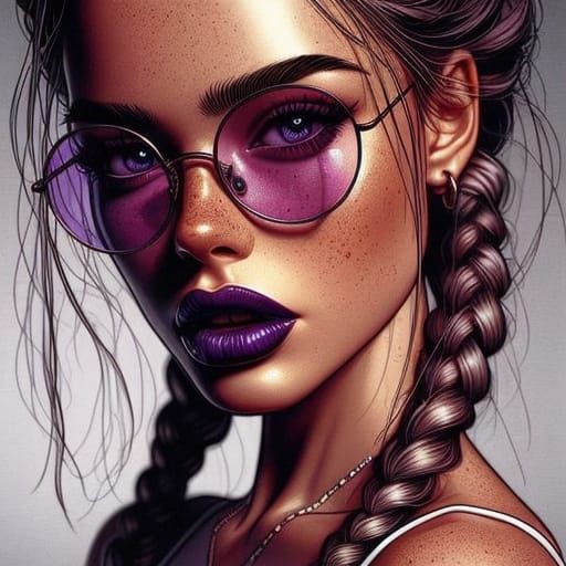 Braided Woman in Violet Glasses: Hyperrealistic Digital Art