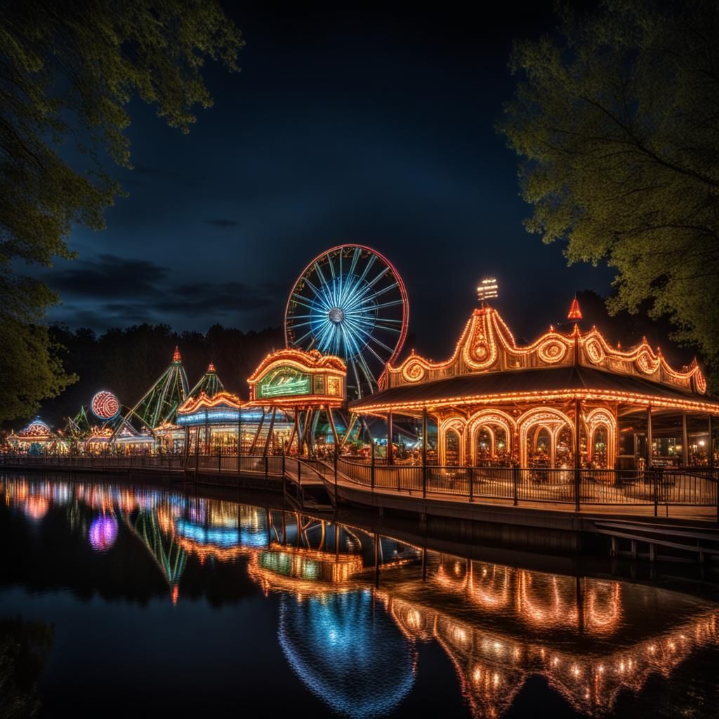 Nighttime Lakeside Amusement Park with Beautiful Lights