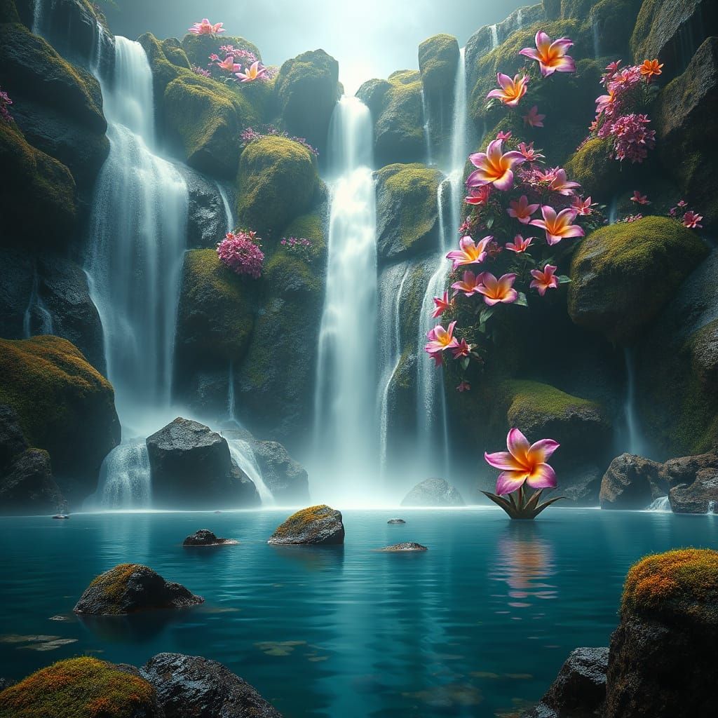 Waterfall Cascades over Vibrant Floral Rocks in a Crystal Cl...