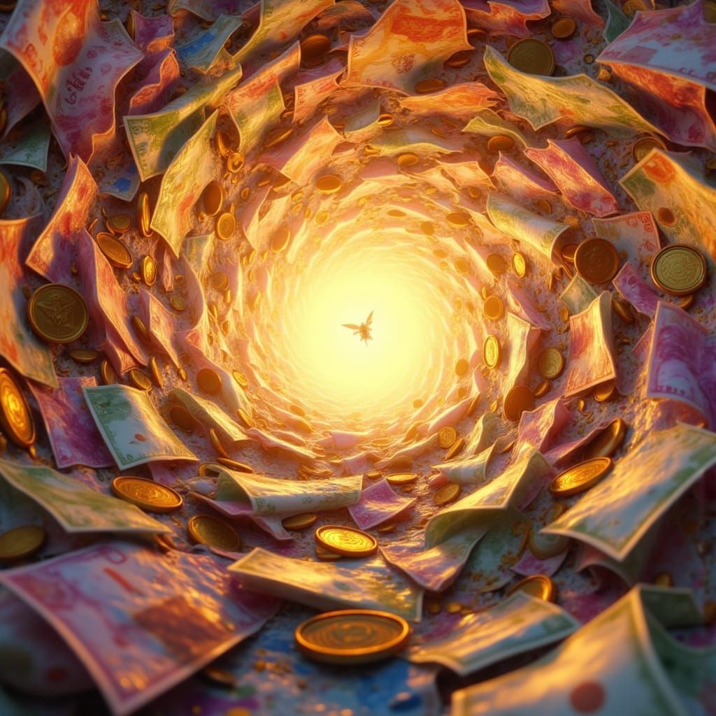 Mesmerizing Vortex of Currency in Bioluminescent Neon Style