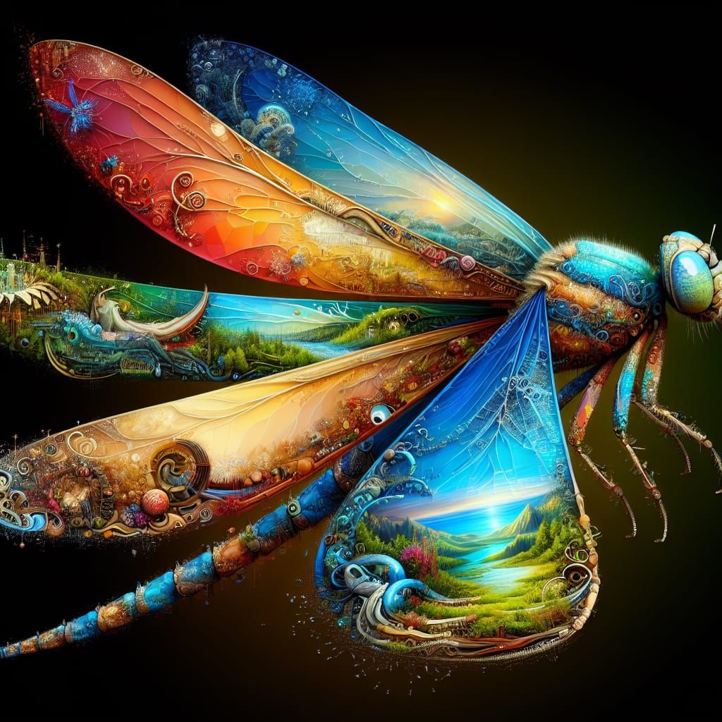 Fantastic Dragonfly with Landscape Wings