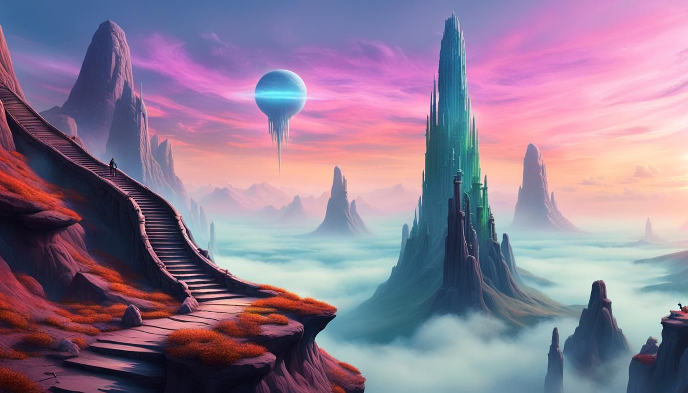 Alien Creature Ascends Staircase on Rocky Planet