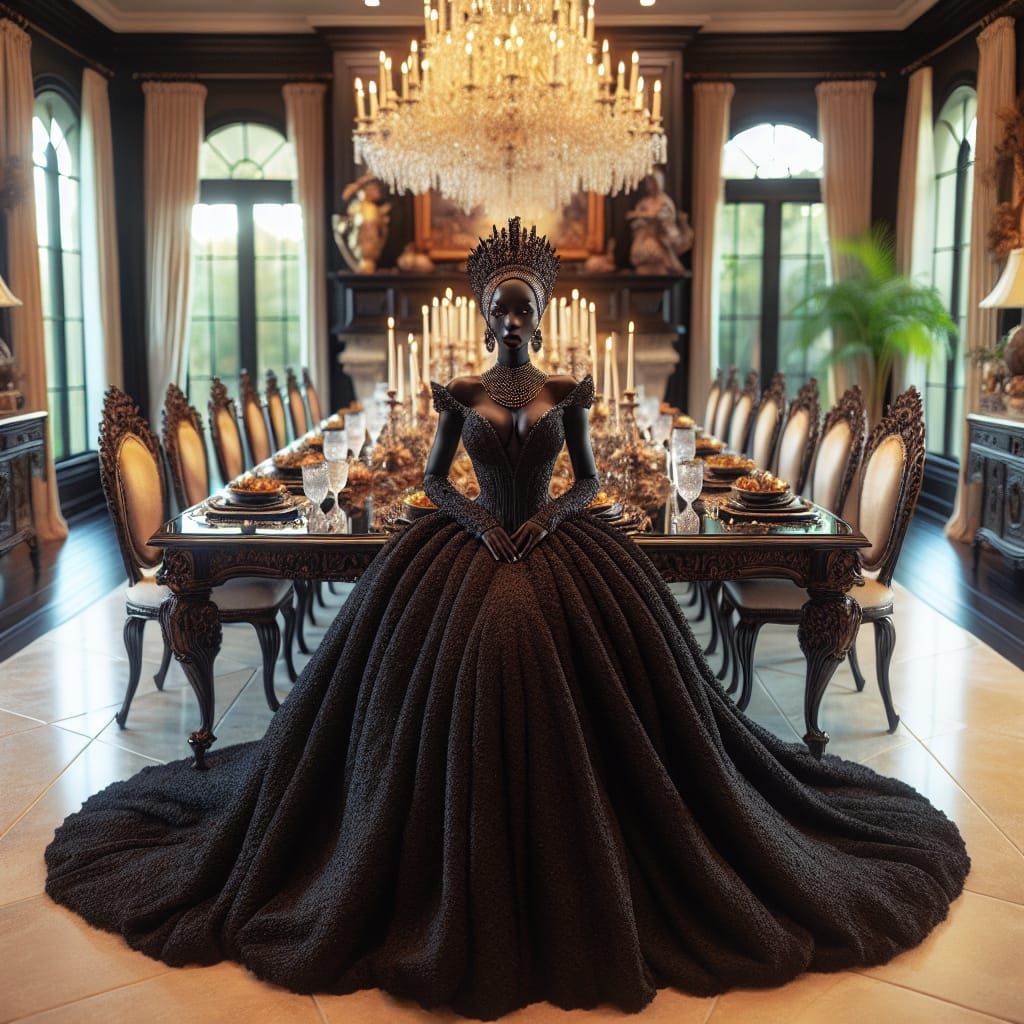 Regal Black Queen Presides Over Majestic Dining Room