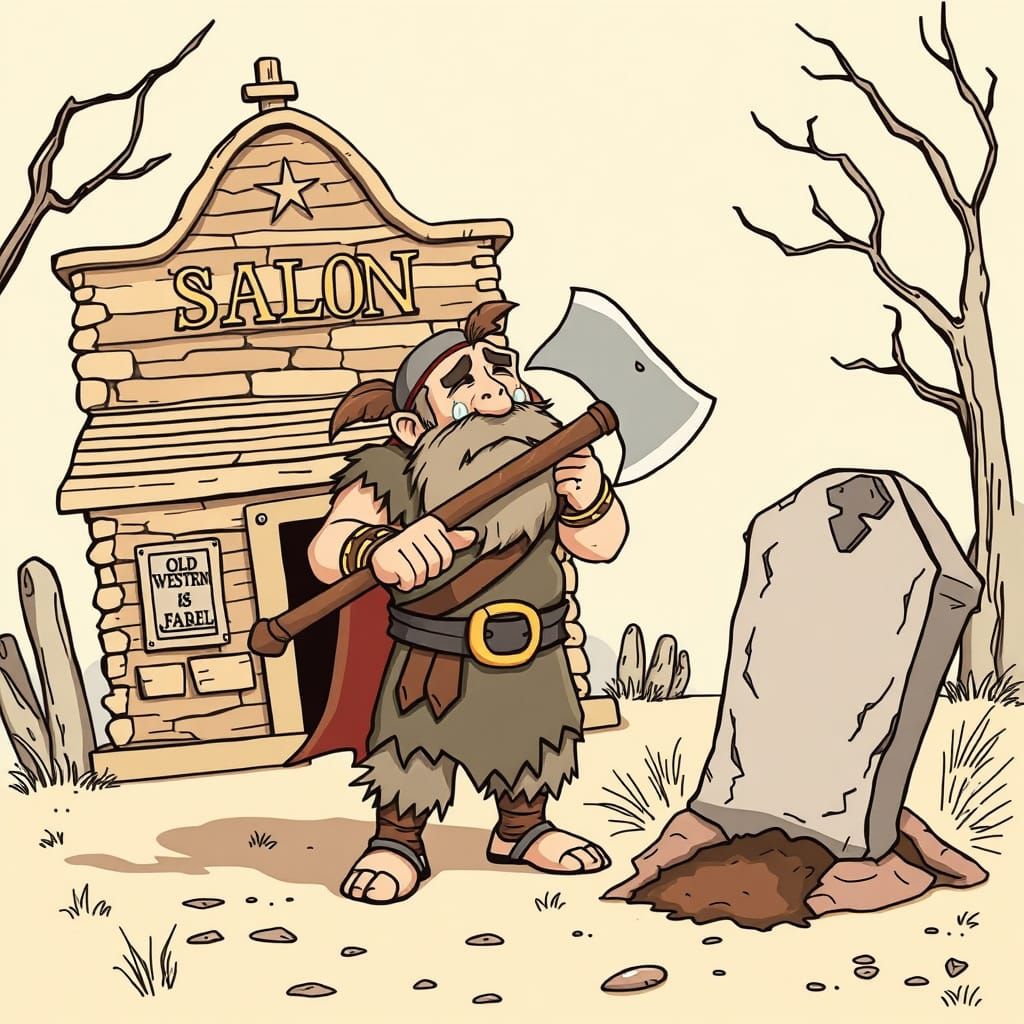 Cartoon Barbarian Mourns in Old West Saloon