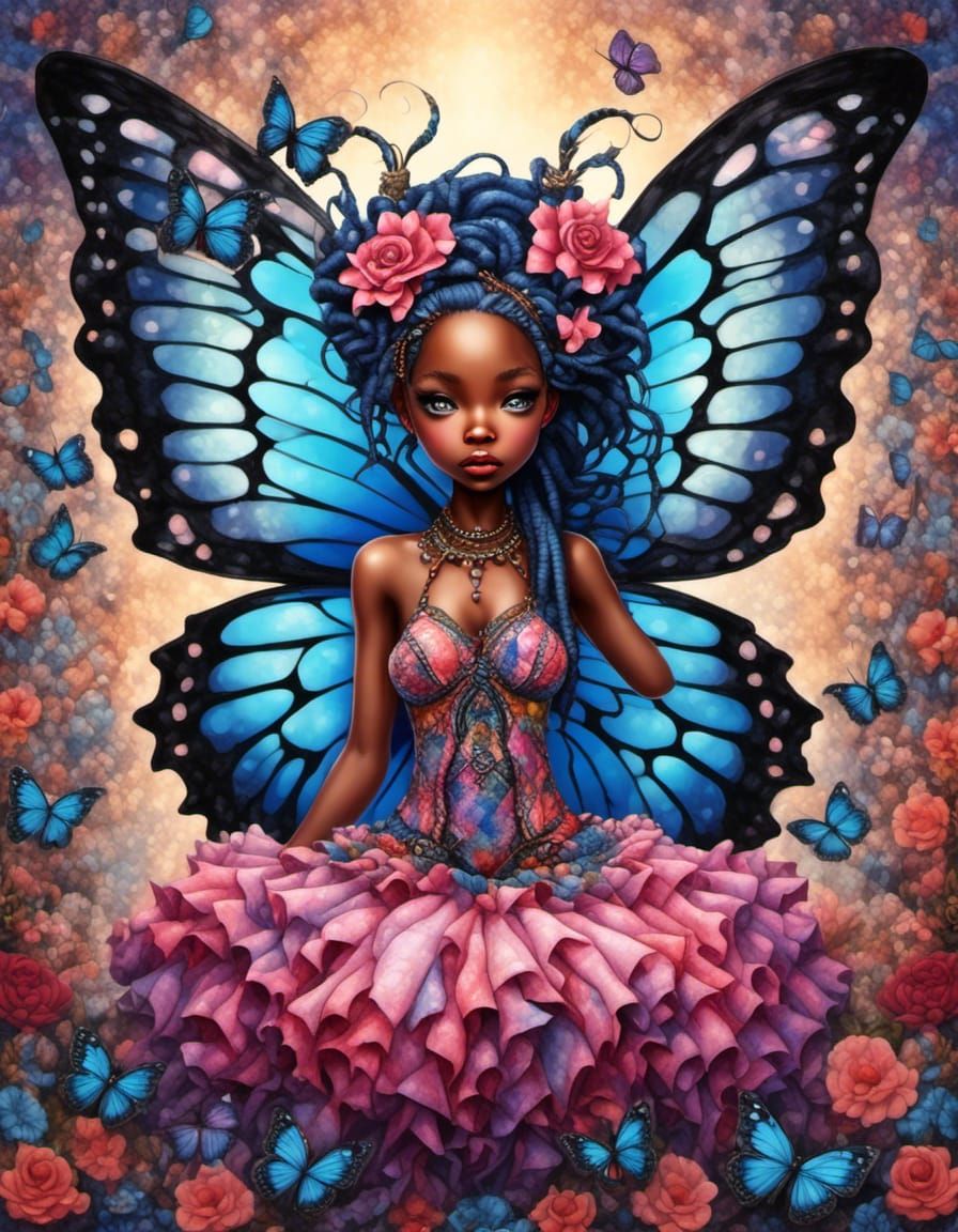 Ebony Chibi Fairy Rides Butterfly: 3D Render