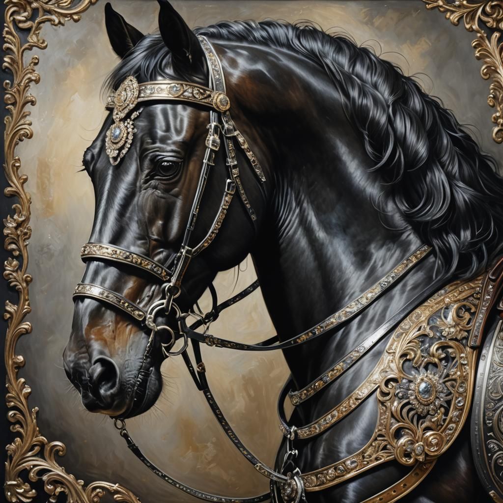 Black Horse with Jeweled Bridle in Oil Painting