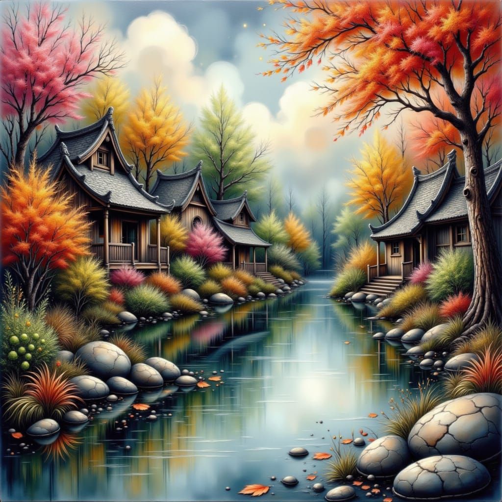 Serene Chinese Water Village in Autumn Light