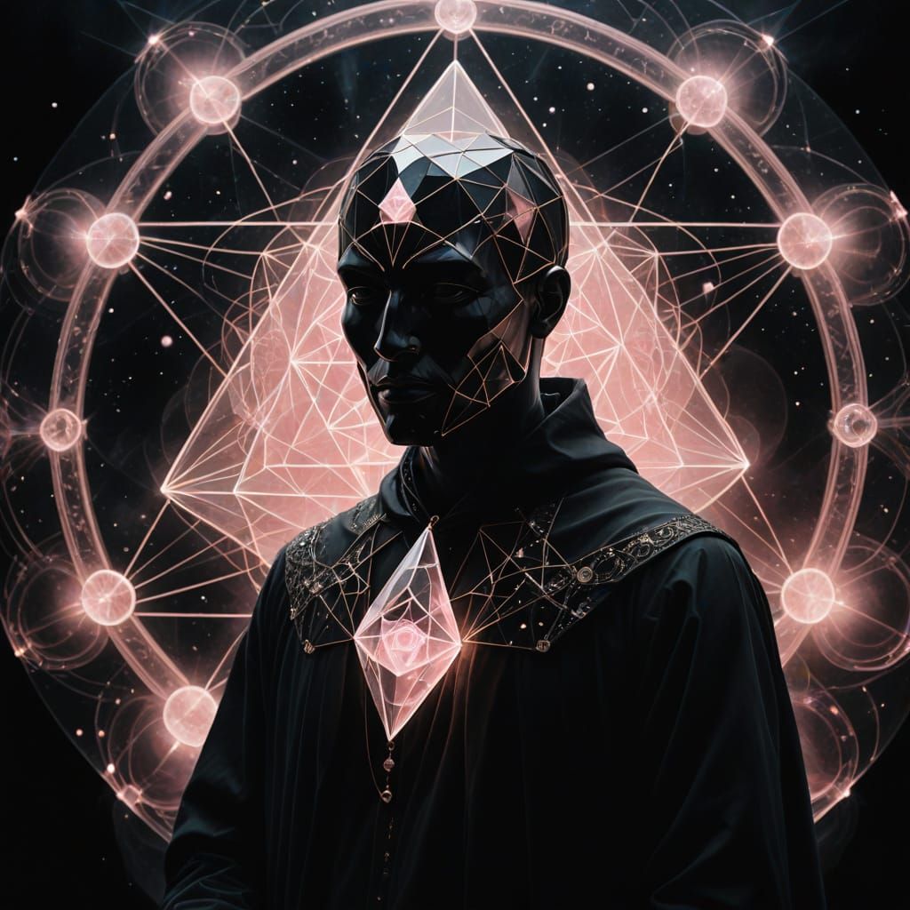 Surreal Figure Crystallizing in Cosmic Geometric Patterns