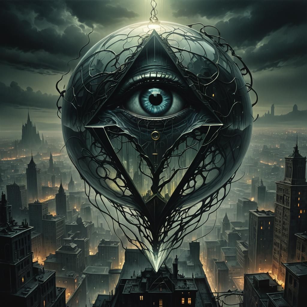 Dark Fantasy Eye Brain Glass 'A' in Cityscape