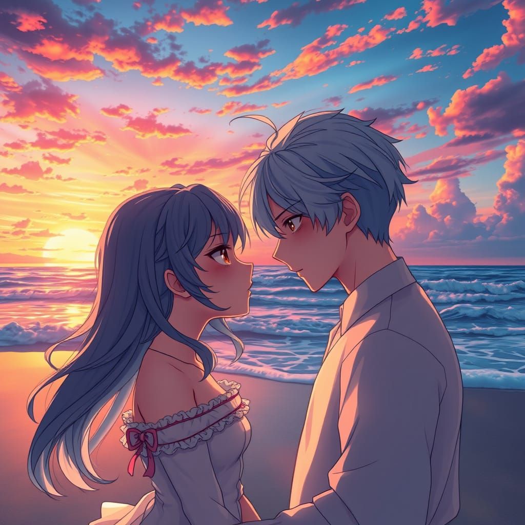 Anime Lovers on Secluded Beach at Sunset