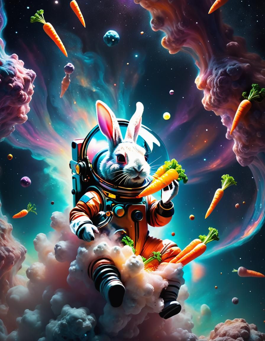 Bunny Astronaut Eating Carrots in Space, Surreal Art