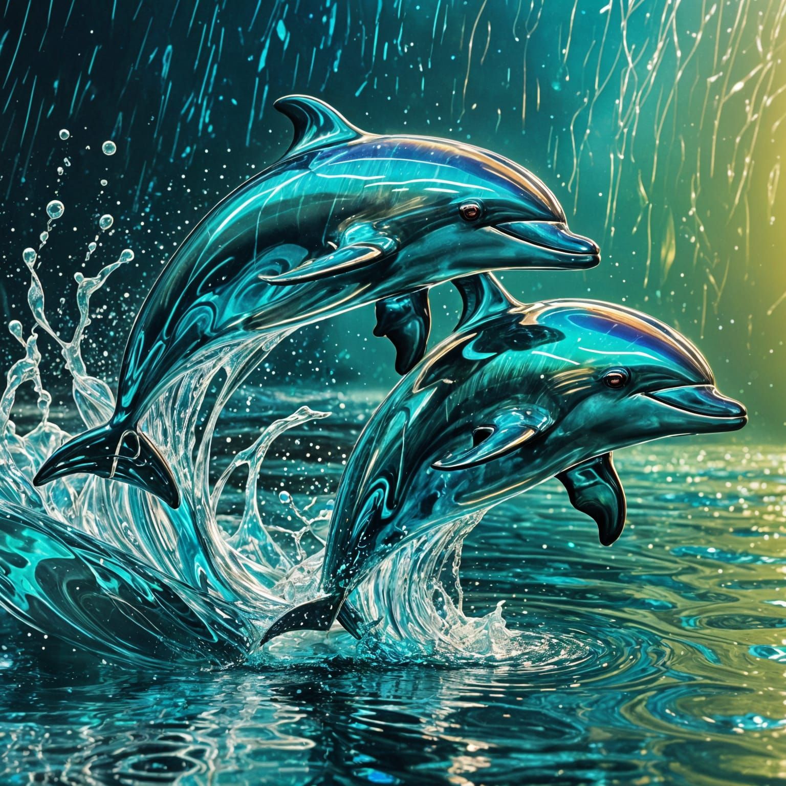 Enameled Glass Dolphins Dancing in Light