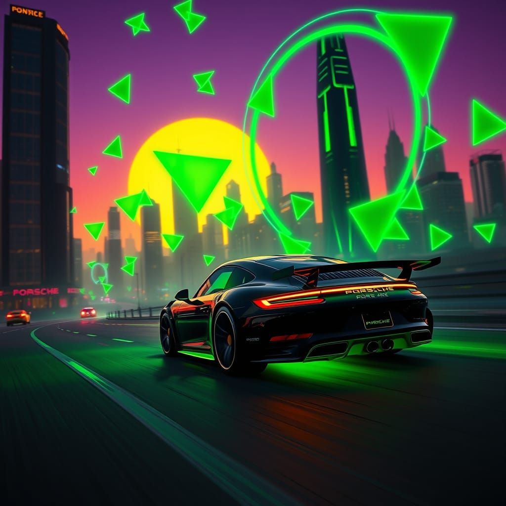 Ethereal Green Porsche 911 Speeds Through Futuristic City