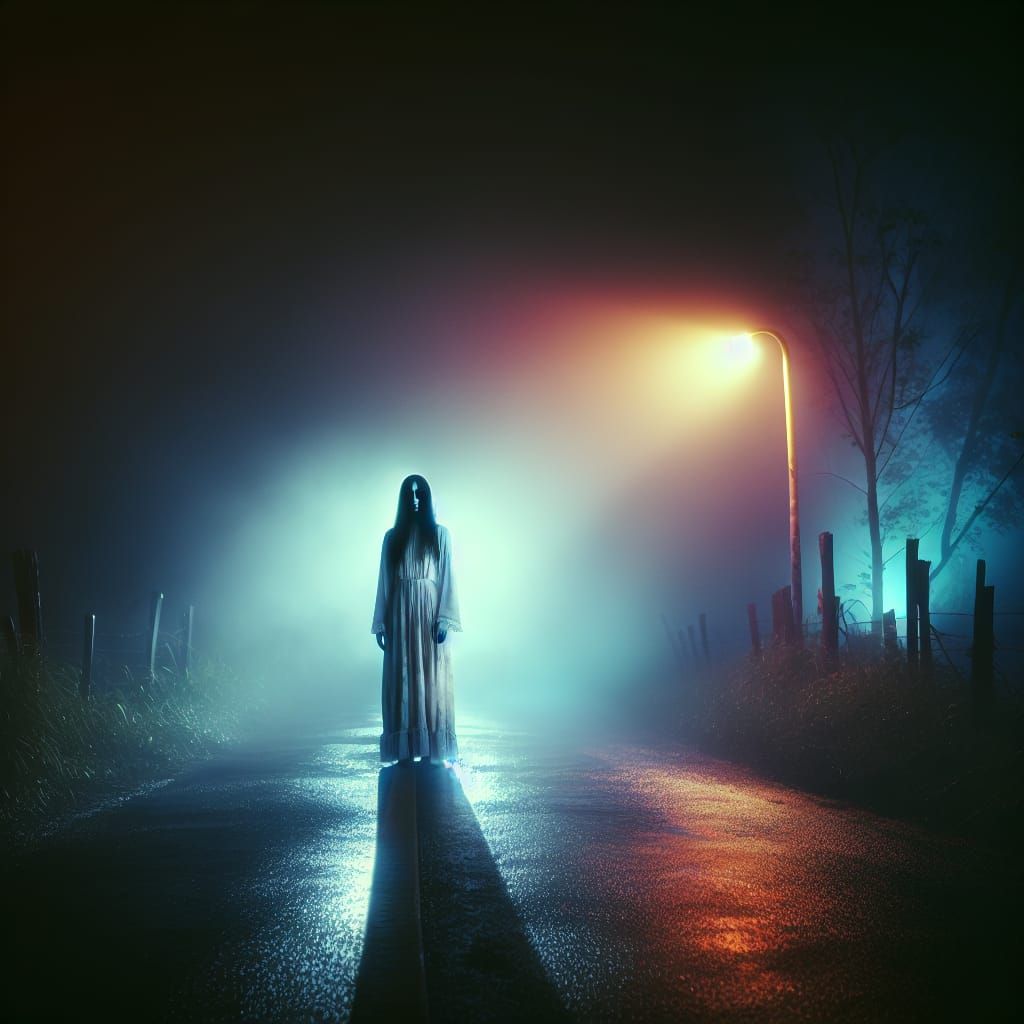 Ghostly Woman on Foggy Rural Road Under Streetlight