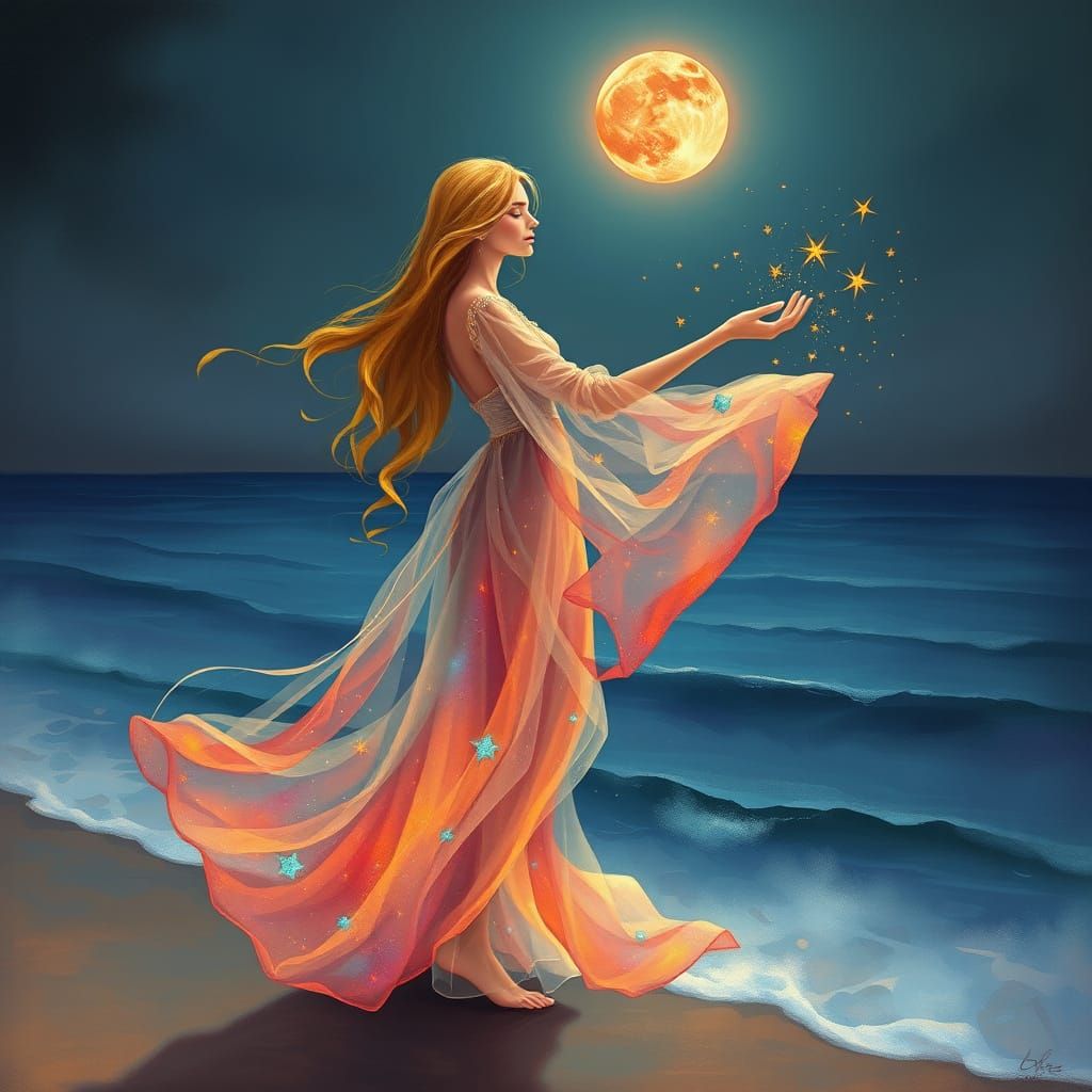 Ethereal Noble Lady Under Red Moonlight