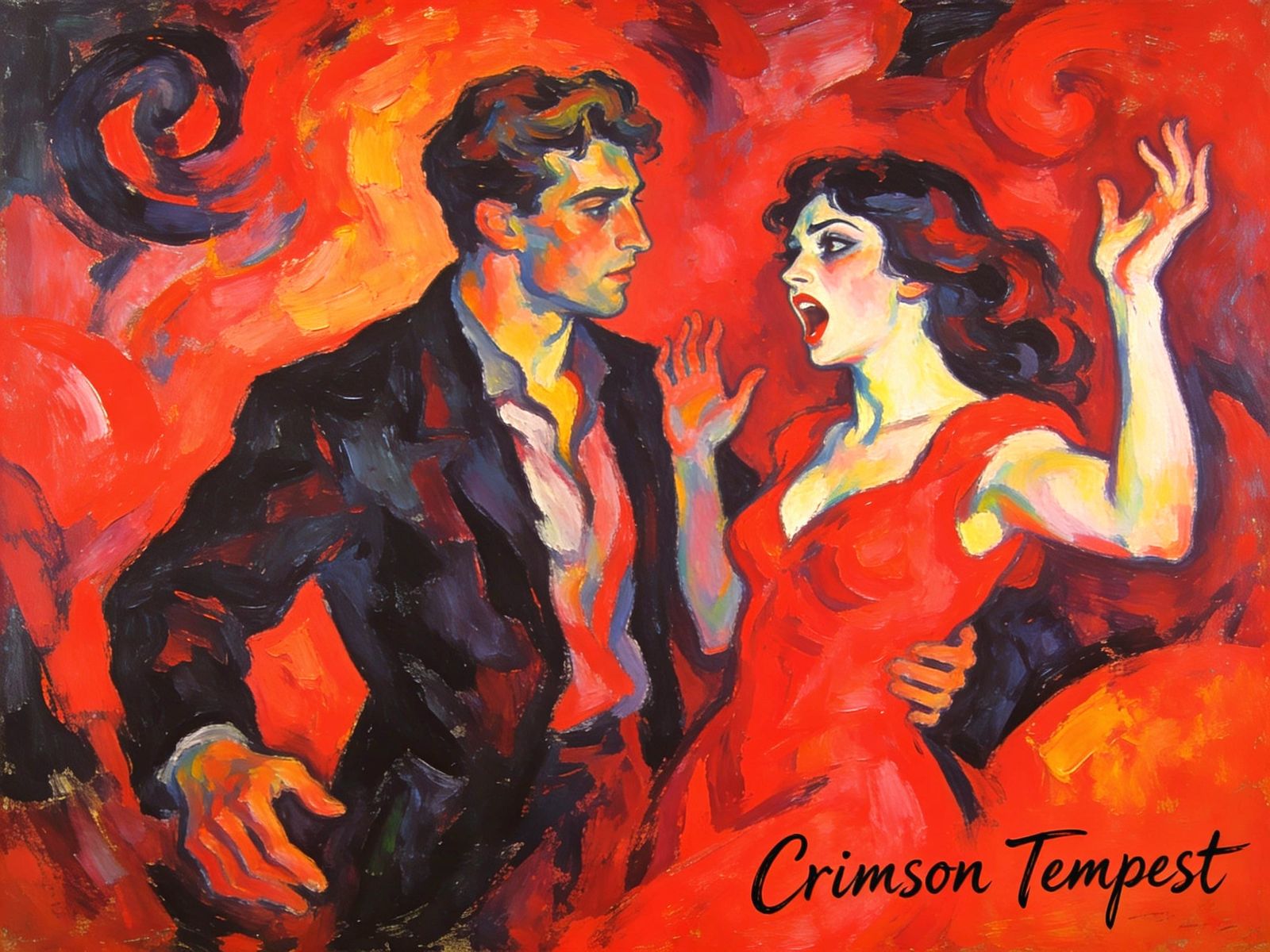 Crimson Tempest: Expressionist Oil Painting of Intense Emoti...
