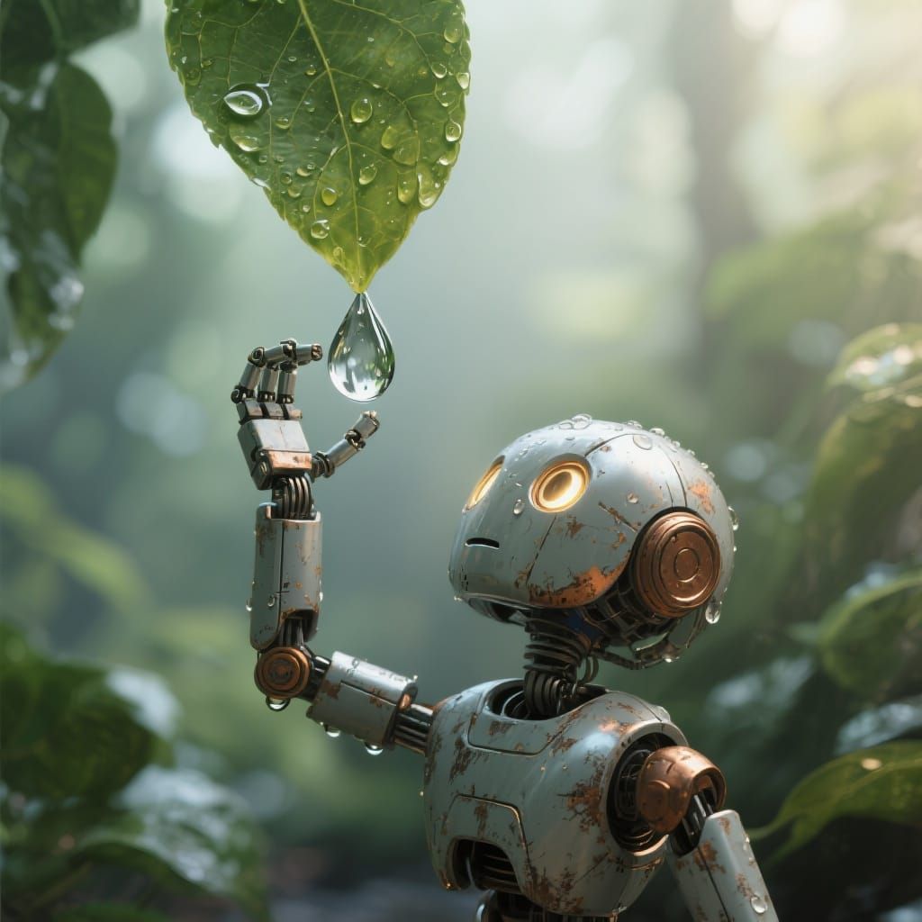 Miniature Robot and Water Droplet: Fantasy Concept Art