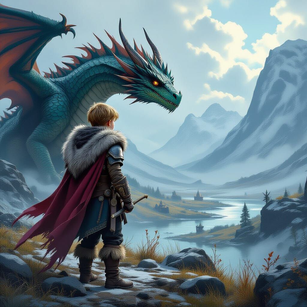 Viking Boy Meets Dragon in Mystical Nordic Landscape