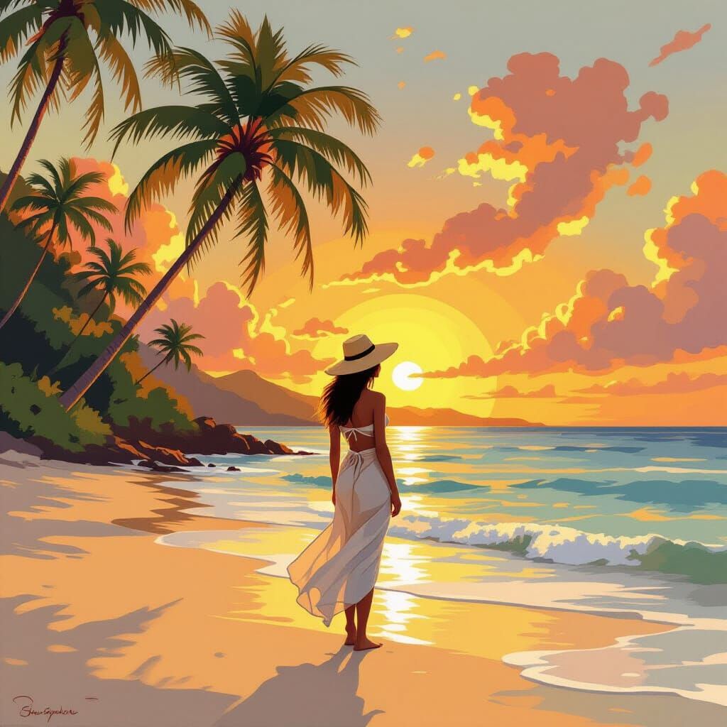 Sunset Beach Scene Inspired by Gauguin and Miyazaki