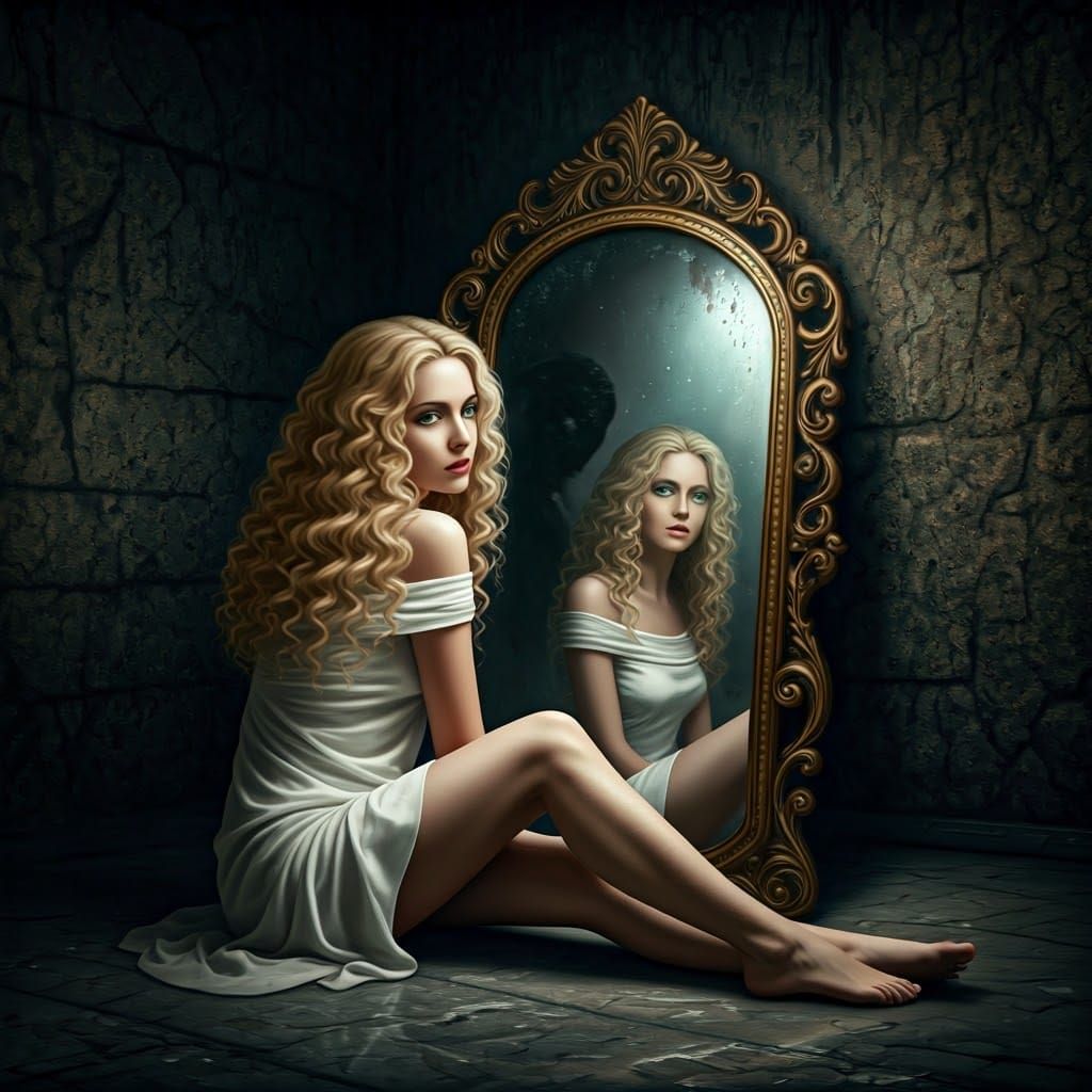 Ethereal Beauty in a Haunting Basement Reflection