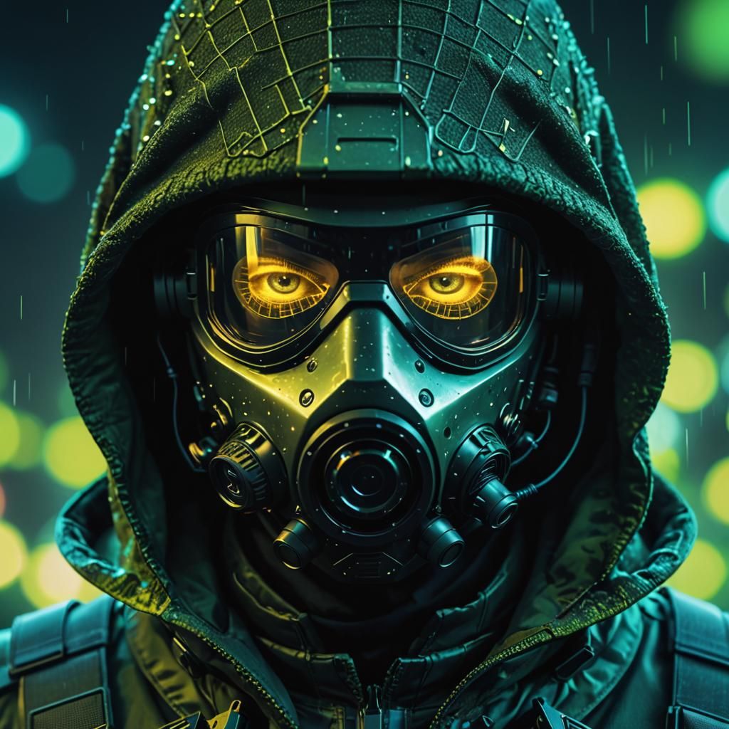 Futuristic Hooded Soldier Portrait in Double Exposure